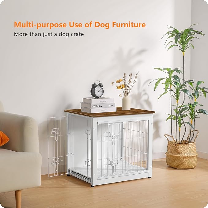 DWANTON Dog Crate Furniture with Cushion, Wooden Kennel Table with Double Doors, Indoor Dog House, Small/Medium/Large Size, 27.2" L, White+Warm Brown-PawvioPets