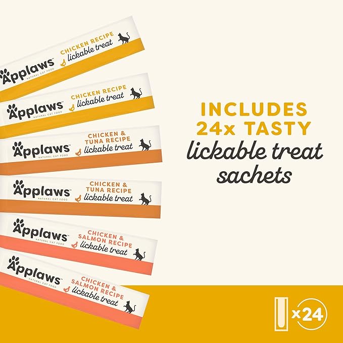 Applaws Lickable Cat Treats, Natural Grain-Free Purée, Limited Ingredient, Chicken Squeeze Up Cat Treats (24 x 0.25 oz Sachets)-PawvioPets