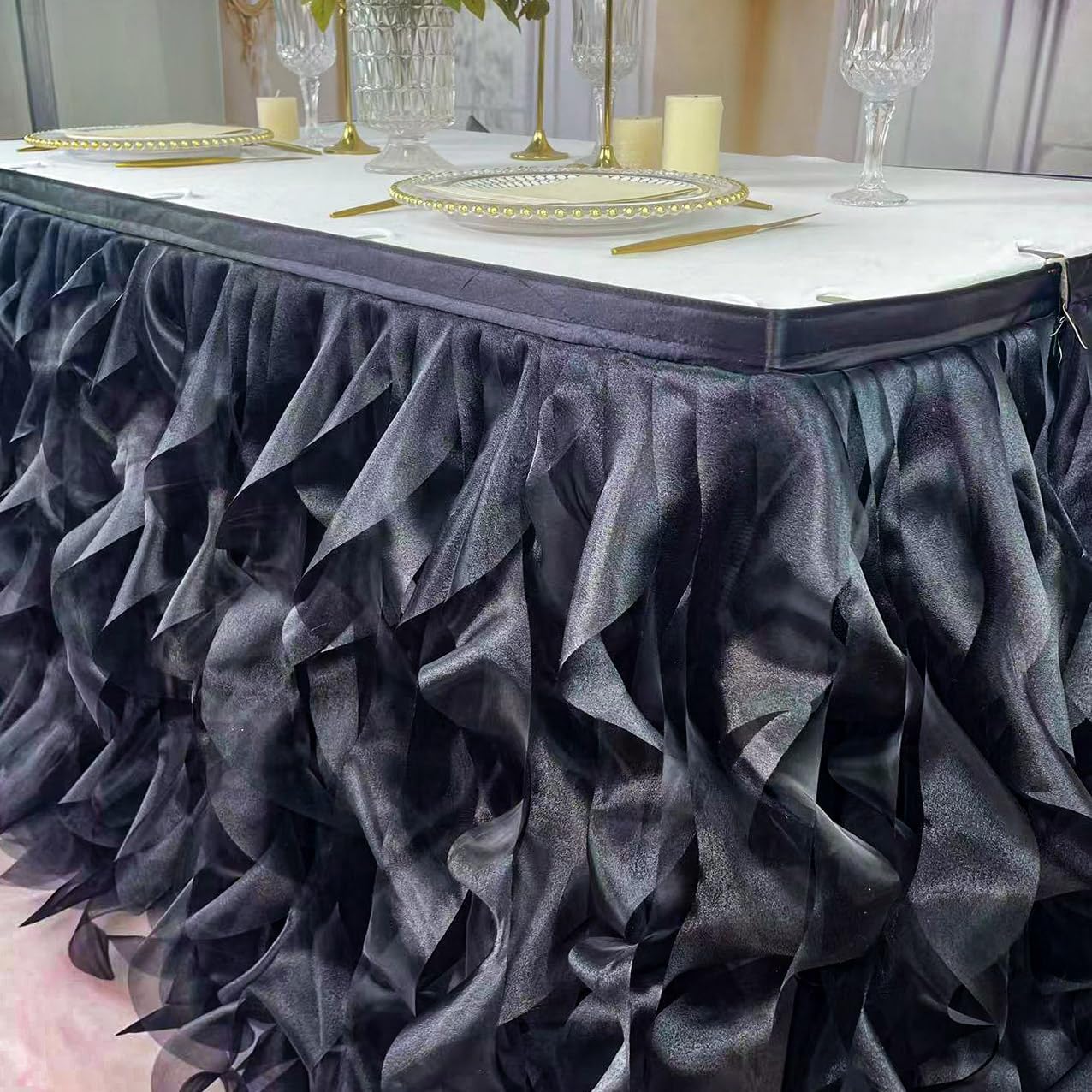 Luxury Organza Mesh Table Skirt Draping Floating Romance - Perfect for Bridal Showers, Birthday Weddings - Clear Flowing Decoration for a Wonderful Main Cake Table (Black-9ft, 108" Lx30 H)