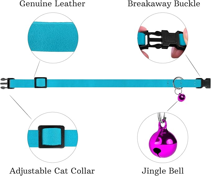 Breakaway Cat Collar Leather with Removable Bell - 13 Colors Available - Soft Adjustable Girl Boy Safety Lightweight Pet Kitten Collars Pink Brown Blue Green Red Orange Black (Aquamarine)-PawvioPets