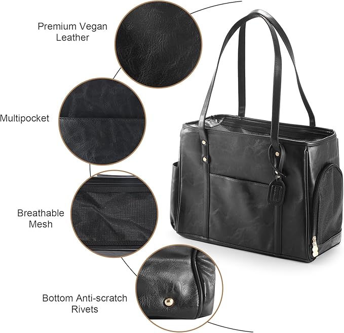Fashion Dog Carrier Purse, Premium Leather Cat Carrier Bag, Airline Approved Soft Sided Pet Travel Tote Bag with Pockets Black-PawvioPets
