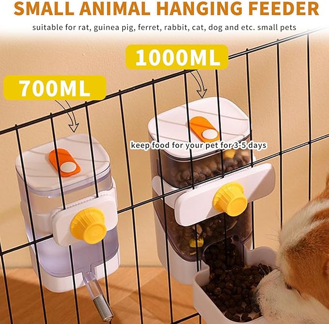 34oz Automatic Rabbit Feeder for Cages, Hanging Auto Bunny Food Bowl Dispenser Small Aniaml Cage Accessories for Ferret Guinea Pig Rat Rabbit Cat Puppy (White)-PawvioPets