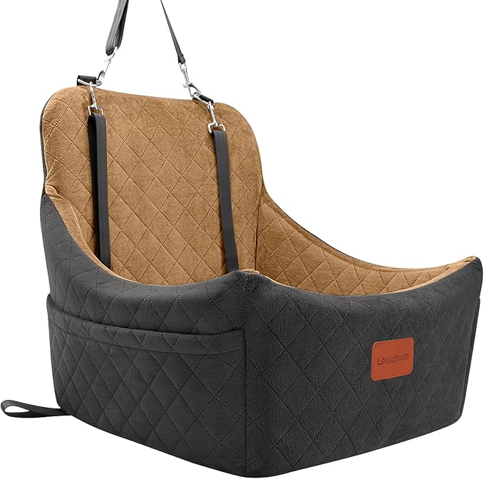 Dog Booster Car Seat for Up to 35lbs Pets,Easy to Install,Fully Detachable and Washable,Anti-Slip Base,Snug Puppy Car Seat with 2 Clip-On Leashes(Black/Coffee,Medium)-PawvioPets