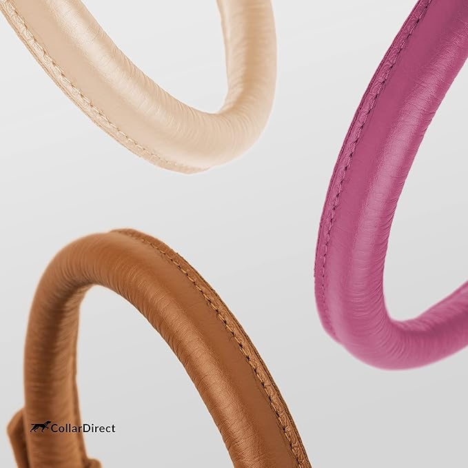 CollarDirect Rolled Leather Dog Collar, Soft Padded Round Puppy Collar, Handmade Genuine Leather Collar Dog Small Large Cat Collars 13 Colors (11-14 Inch, Pink Textured)-PawvioPets