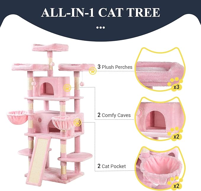 Allewie 68 Inches Cat Tree/House and Towers for Big Feline/Scratching Post/Multi-Level Large Kitty Climbing Tree with Condo/Pink-PawvioPets