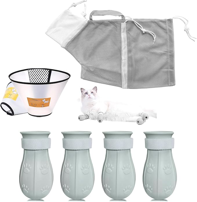 7-Piece Cat Bathing Set - Anti-Scratch Silicone Shoes, Claw Covers, Shower Net, Bathing Bag & Elizabethan Collar (Grey-3)-PawvioPets