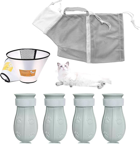 7-Piece Cat Bathing Set - Anti-Scratch Silicone Shoes, Claw Covers, Shower Net, Bathing Bag & Elizabethan Collar (Grey-3)-PawvioPets