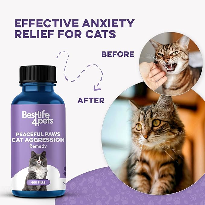 Anti Aggression for Cats Calming Remedy, A Natural Diffuser and Cat Calming Aid for Stress, Spiteful Spraying, Scratching & Territorial Behavior, Non-Drowsy, 400 Odorless, Tasteless Pills-PawvioPets