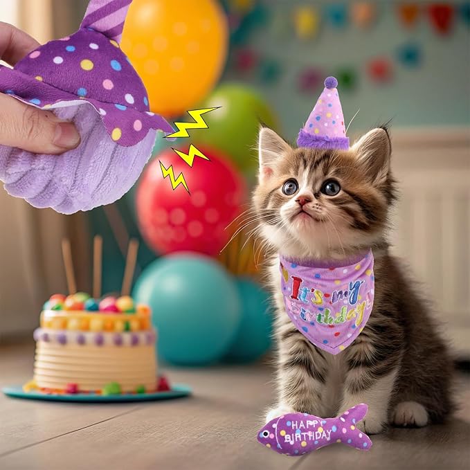 BINGPET Cat Birthday Catnip Toys for Indoor Cats,Cat Birthday Hat,Bandana and Cat Birthday Cake Interactive Plush Kitten Chew Toys,Cute Fish,Balloon Toys with Crinkle Paper and Catnip Inside(Purple)-PawvioPets