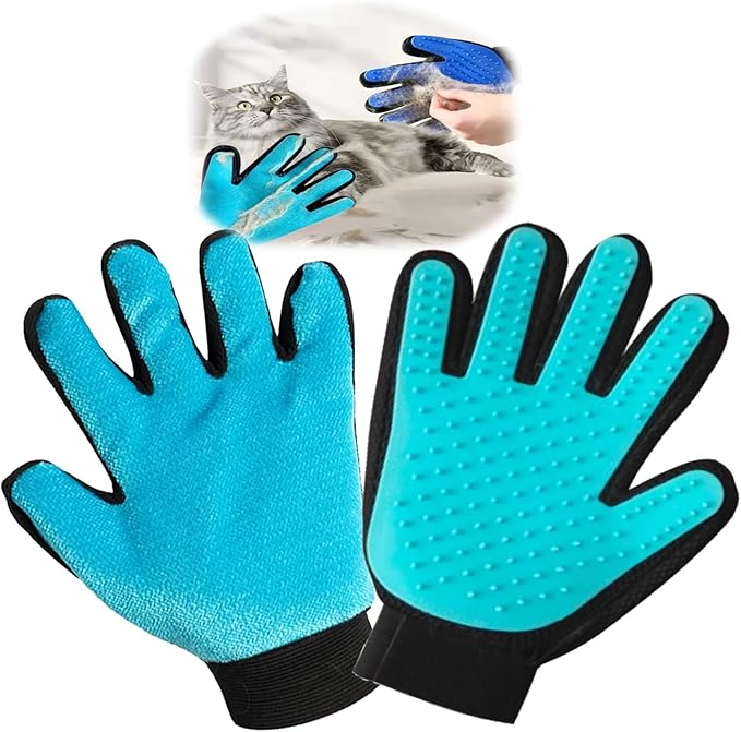 2 in 1 Cat Grooming Glove, Double-Sided Use Pet Hair Remover Glove, 1 Side is Gentle Grooming for Dogs, Cats, the Other is Effective Hair Remover for Furniture, Clothing (Light Blue, Right-Hand)-PawvioPets