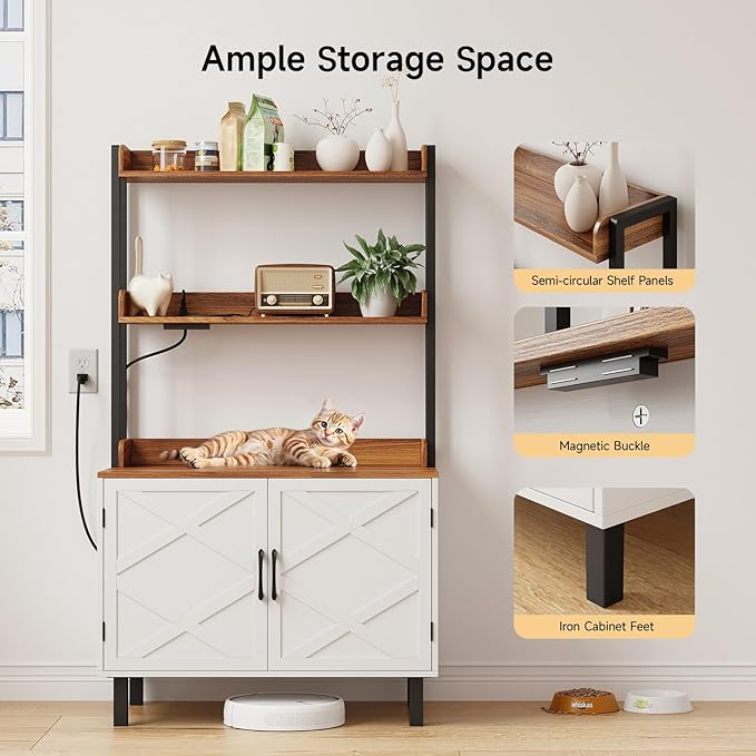 55 Inches Cat Litter Box Enclosure, Hidden Litter Box Furniture with 2 Storage Shelves and Charging Sockets, Wooden Cat House, Large Indoor Cabinet for Living Room & Entryway, White-PawvioPets