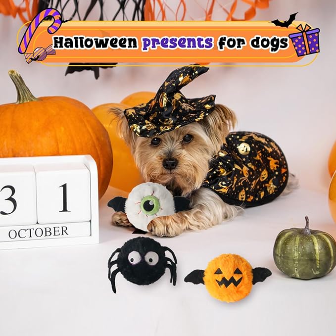 DKING 3Pack Squeaky Dog Balls,2 in1 Funny Puppy Ball Toys,Birthday Dog Toy for Small Medium Dogs (Halloween Ball)-PawvioPets