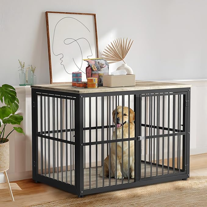 43'' Dog Crate Furniture with 3 Doors, XL Wooden Crate End Table, Heavy Duty Indoor Puppy Cage Kennel for Medium to Large Dogs, Multiple Units Can be Combined-PawvioPets