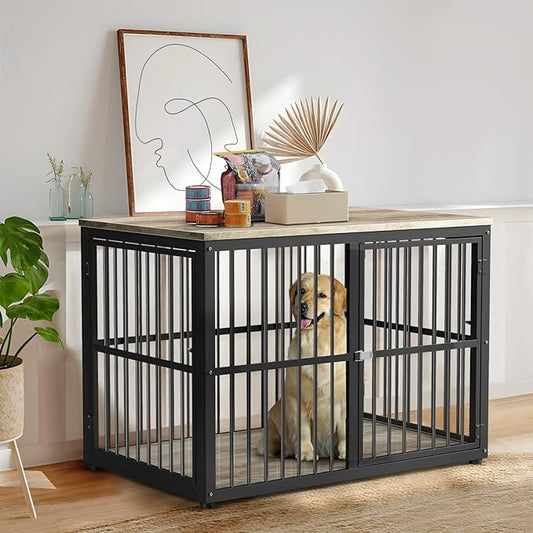 43'' Dog Crate Furniture with 3 Doors, XL Wooden Crate End Table, Heavy Duty Indoor Puppy Cage Kennel for Medium to Large Dogs, Multiple Units Can be Combined-PawvioPets