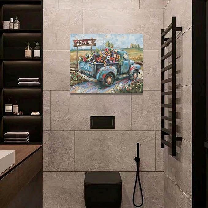 Farmhouse Truck Wall Art Rustic Country Wildflowers Wall Decor Road Flowers Landscape Pictures Canvas Print Painting Artwork for Bathroom Living Room Bedroom 16"x20"-PawvioPets