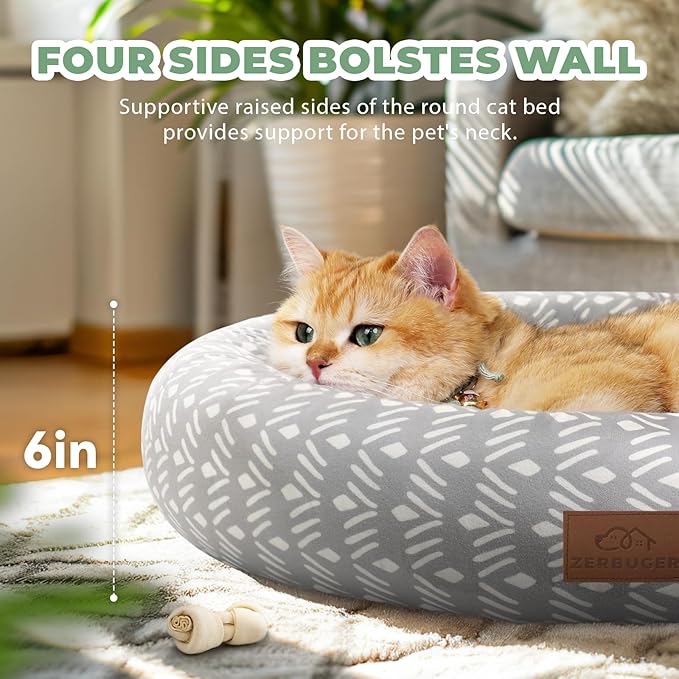 Cat Bed, 20In Dog Beds for Small Dogs, Calming Cat & Dog Beds for Indoor Pets, Pet Beds Comfortable Donut Round Ultra Soft (Grey Pattern, 20.0" L x 20.0" W x 6.5" Th)-PawvioPets