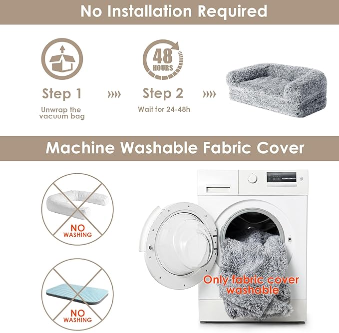 EHEYCIGA Foldable XL Dog Bed, Faux Fur Fluffy Pet Couch Bed for Large Dogs, Orthopedic Calming Memory Foam Big Pet Bed, Washable Soft Pet Sofa Bed with Non-Slip Bottom, Grey, 46"x34"x6.5"-PawvioPets