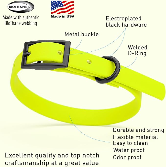 Dogline Biothane Waterproof Dog Collar Strong Coated Nylon Webbing with Black Hardware Odor- Proof for Easy Care Easy to Clean High Performance Fits Small Medium or Large Dogs, Safety Yellow-PawvioPets