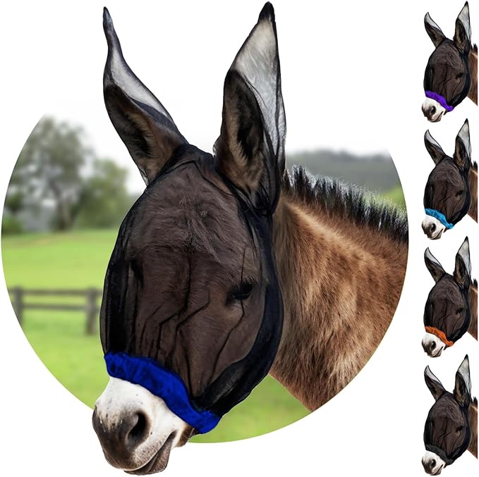 Donkey Fly Mask with Long Ears (Blue) Made in USA - Mule Fly Mask with Ears Protection from Insects and Bugs, Mini Donkey Soft Mesh Fabric with Adjustable Fastener, Face Cover Supplies for Donkeys-PawvioPets