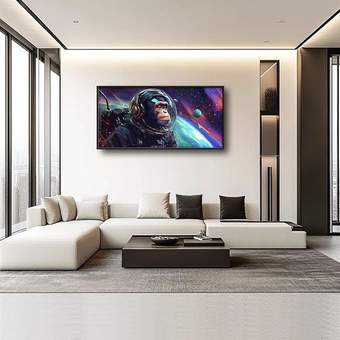 Framed Large Monkey Astronaut Wall Art, Oversized Chimpanzee Spacemen Wall Decor for Living Room, Outer Space Canvas Painting Pictures Modern Artwork for Living Room Bedroom Office 60"x30"-PawvioPets