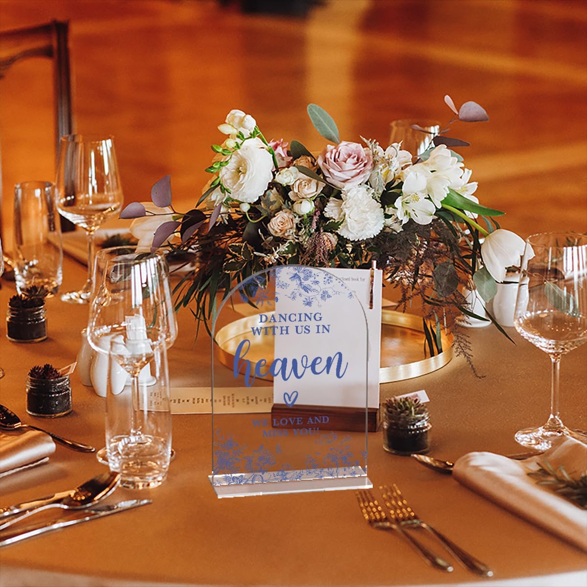 Acrylic Wedding Signs, Dusty Blue Wedding Decor, Blue Weddings Decor, Modern Calligraphy Arch Acrylic Table Top Sign for Weddings Parties Dinners - Dancing With Us in Heaven (Clear)