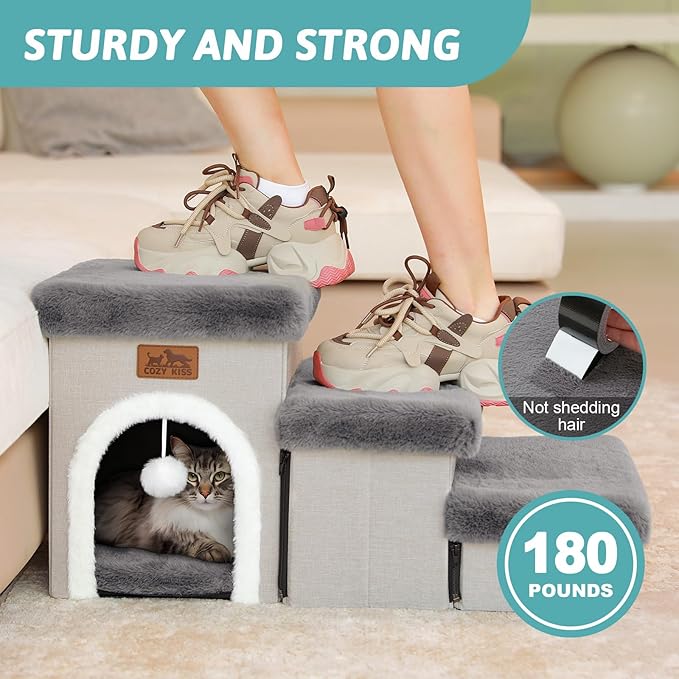 Dog Stairs for Small Dogs with Storage and Condo, 14" H Foldable Pet Stairs for Small Medium or Puppy Dogs and Older Cats, Dog Steps for Bed or Couch, 13x27x14 inch, 3 Tiers, Grey-PawvioPets