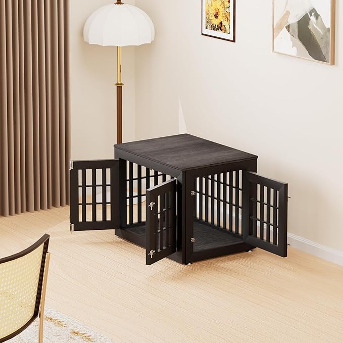 32" Heavy Duty Dog Crate Furniture for Small,Medium and Large Dogs,Rustic Wooden Dog Cage Kennel Indoor Furniture with Waterproof Top,Decorative Pet House Side End Table (Black & Grey)-PawvioPets