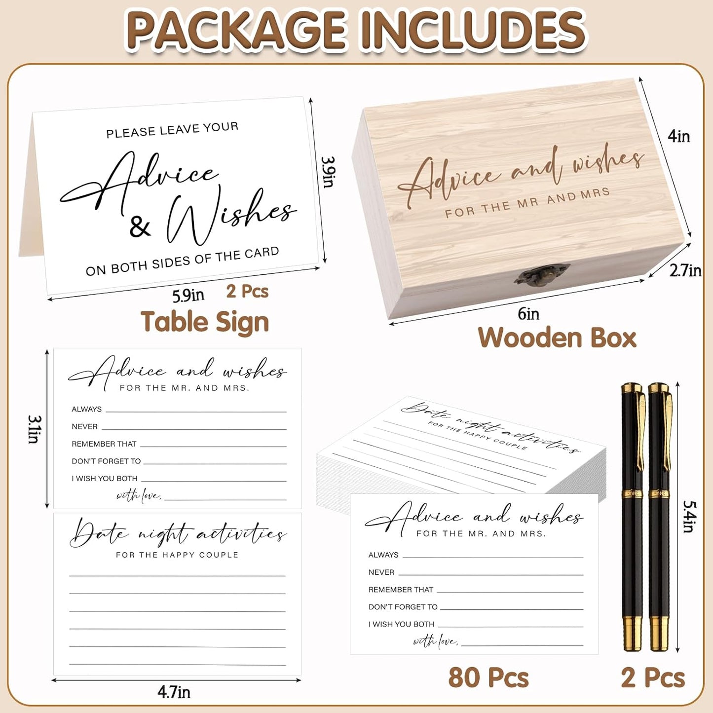 85 Pcs Advice and Wishes Cards Wooden Box Set for The Mr and Mrs,White Advice and Wishes Cards with Black Pen for the Bride and Groom,Bridal Shower,Wedding Party Game Decorations Supplies