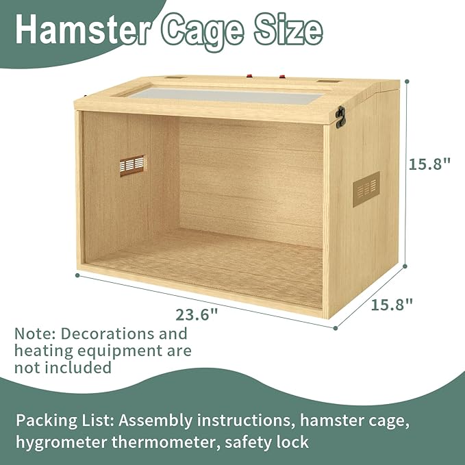 24" Hamster Cage, Top Opening Lockable Roof Door Gerbil Cage, Dwarf Hamster Cage with Hygrometer, Mice and Small Animal Habitat, Chewproof Syrian Hamster Enclosure, (Wooden, 24" L x 16" W x 16" H)-PawvioPets
