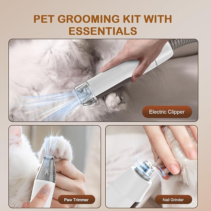 Dog Grooming Vacuum, Dog Grooming Kit with Pet Clipper Nail Grinder, 3 Suction Modes Dog Brush Vacuum with 6 Pet Grooming Tools (Brown)-PawvioPets