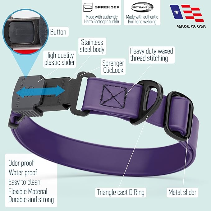 Dogline Biothane Waterproof Dog Collar with Herm Sprenger Stainless Steel Quick Release Buckle – Heavy Duty Tactical Durable Collar for Dogs – Comfortable and Safe Pet Collar, W 3/4" L 12-19", Purple-PawvioPets