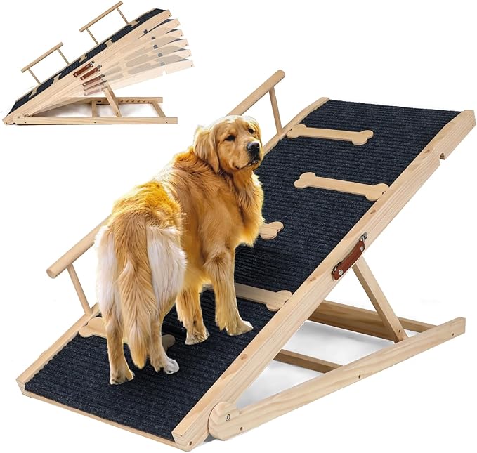 Dog Ramp for Bed Couch Extra Wide Folding Pet Ramps for Large Dogs to Get on Bed, Portable Doggie Steps 6 Adjustable Height 27.3”, 47.3" Long-PawvioPets