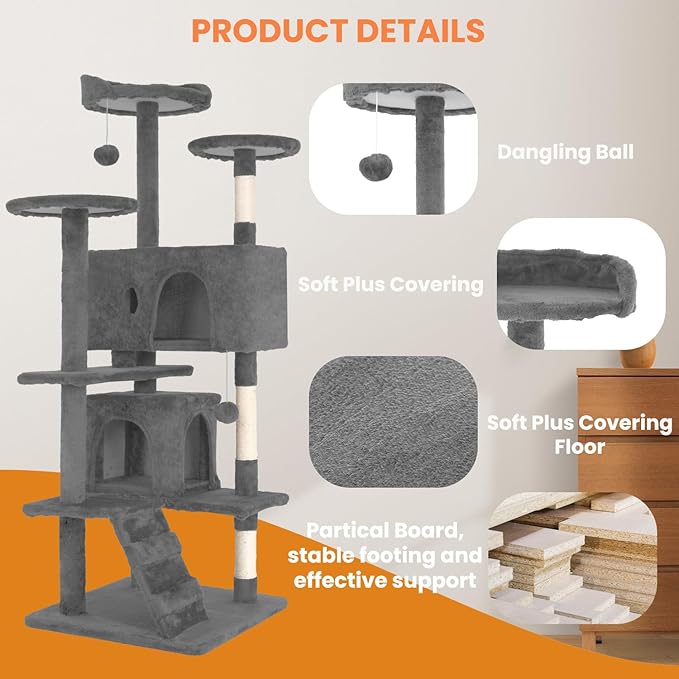 54.7 Inches Cat Tower for Indoor Cats, Multi-Level Cat Condos with Scratching Posts, Hanging Toys, Light Gray-PawvioPets