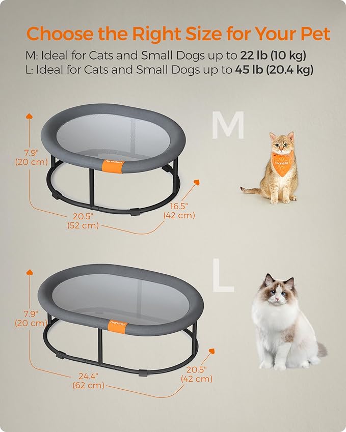 Feandrea Pet Bed, Cat Hammock, Elevated Cat Bed for Multiple Cats, with Removable Washable Mesh, for Pets up to 28 lb, Oval, Gray UPCB002G01-PawvioPets