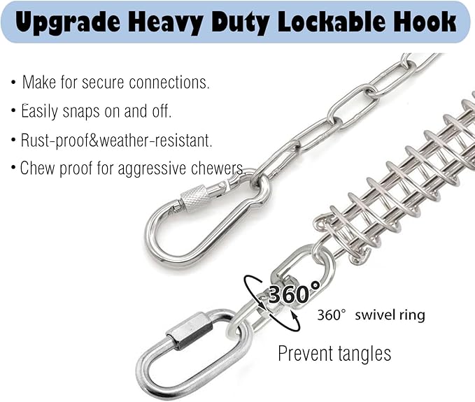 25ft Heavy Duty Chew Proof Dog Tie Out Chain Leash with Shock Absorbing Spring&Lockable Hooks-Up to 200Lbs,Use for Yard,Garden,Camping or Travel-PawvioPets