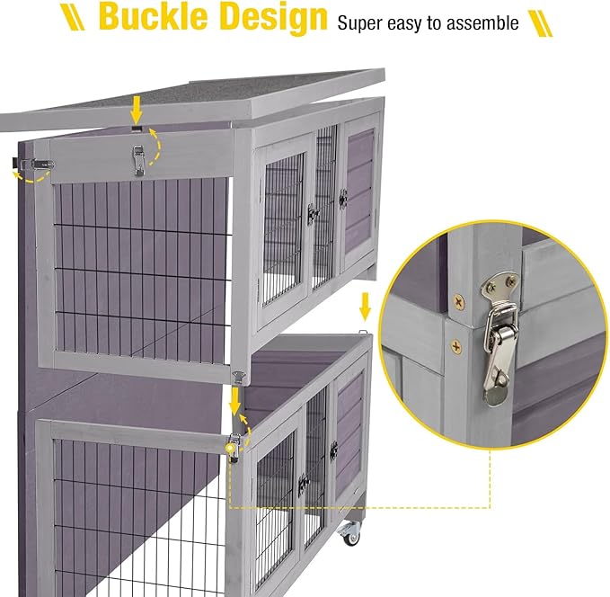 Aivituvin Rabbit Hutch Indoor, Folding Bunny Cage with Two Story, Rabbit Cage with Wheels, Anti Slip Ramp-PawvioPets