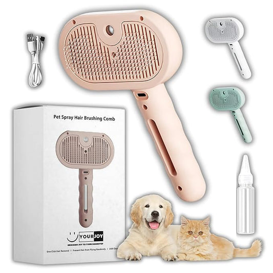 4 in 1 Cat Steam Brush: steam brush for cats, Grooming, Shedding, Mist Spray, Hair Removal Comb & Massager, USB Rechargeable Self Cleaning cat steam brushes for indoor cats - Pink-PawvioPets