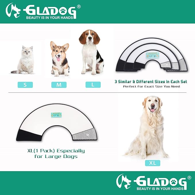 GLADOG Soft Dog Cone Collar, 3 PCS (XL is Only 1 PCS) Flexible Plastic Cone for Dogs After Surgery, Dog Recovery Collar, Adjustable E-Collar for Large/Medium/Small Dogs Cat, Comfy Elizabethan Collar-PawvioPets