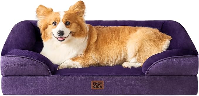 EHEYCIGA Orthopedic Dog Beds for Large Dogs, Waterproof Memory Foam Large Dog Bed with Sides, Non-Slip Bottom and Egg-Crate Foam Pet Couch Bed with Washable Removable Cover, Purple-PawvioPets