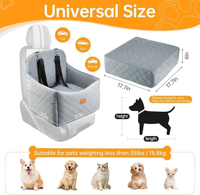 Dog Car Seats for Small Dogs, FurFrolic Memory Foam Dog Booster Seat for Small/Medium Dogs up to 35 lbs, Travel Pet Car Seat with Washable Detachable Cover, Storage Pockets, 2 Safety Belts (Gray)-PawvioPets