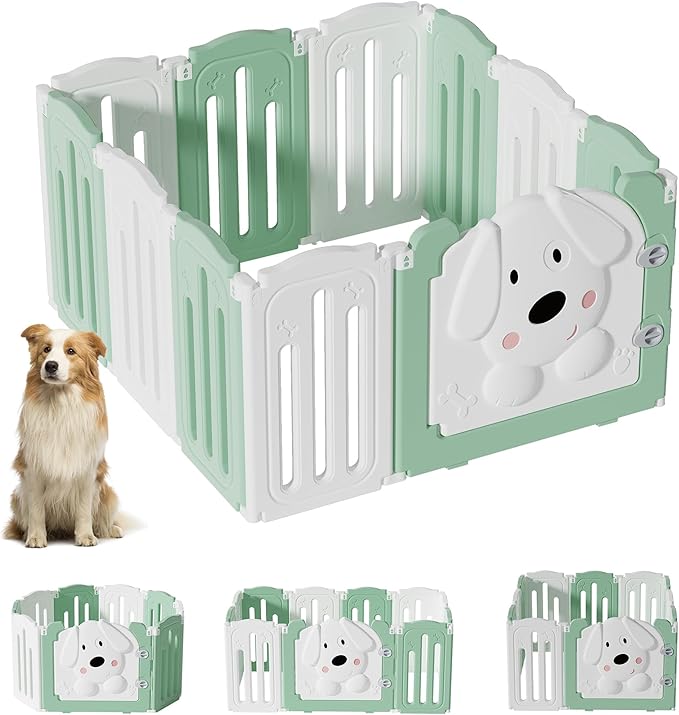 Foldable Dog Play Pen Indoors, Non-Slip Sturdy Puppy Playpen with Door, 25.5" H 10-Panel Adjustable Shape Dog Fence Pen for Small/Medium Dogs, Thickened, Easy to Store, White+Green-PawvioPets