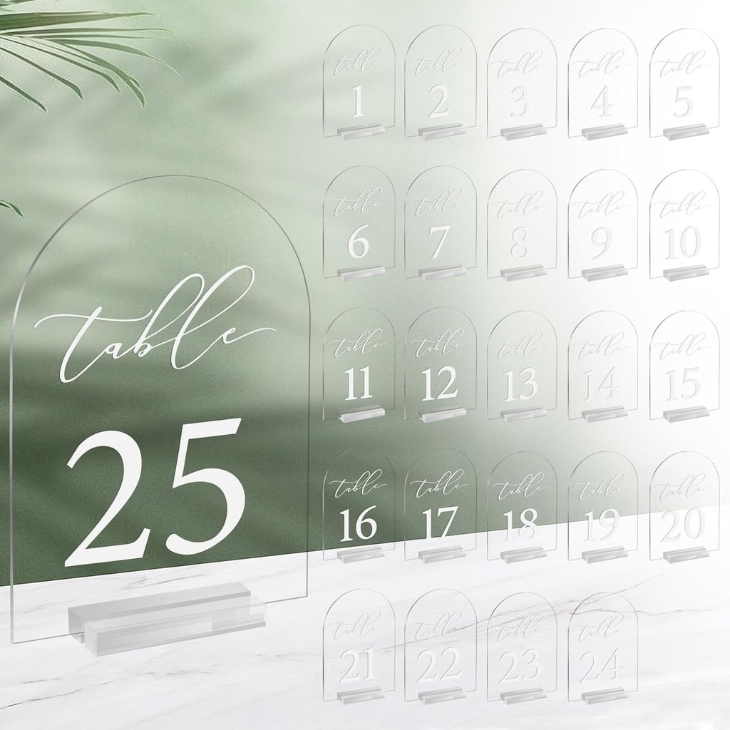 Arch Wedding Table Number 1-25 Clear Acrylic Tabletop Signs 5x7 Inch with Holder for Wedding Parties Anniversaries Reception Cafe Hotel Party Bar Business Event (1-25)