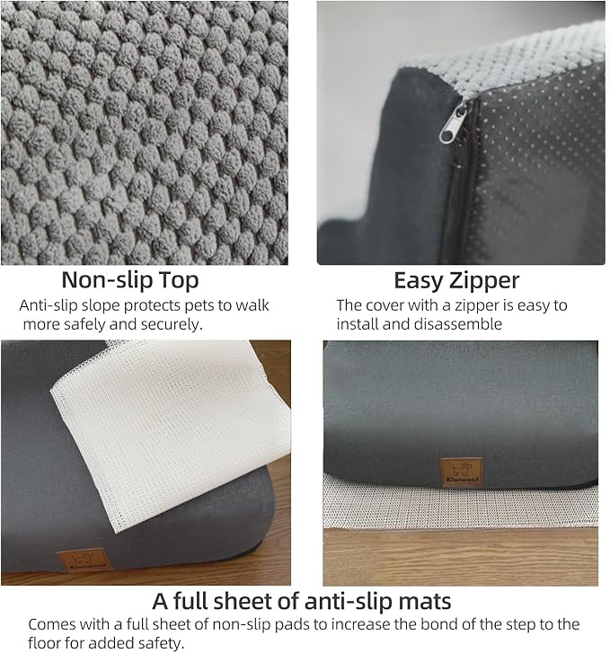 5 Step Pet Stairs Ramp for High Beds Sofas 5-30 Inch with Sturdy Non Slip Waterproof Pads, Machine Washable Cover Indoor Balanced Design for Cats Dogs Small Medium Large XL Pets Grey (Grey, Large, 1)-PawvioPets