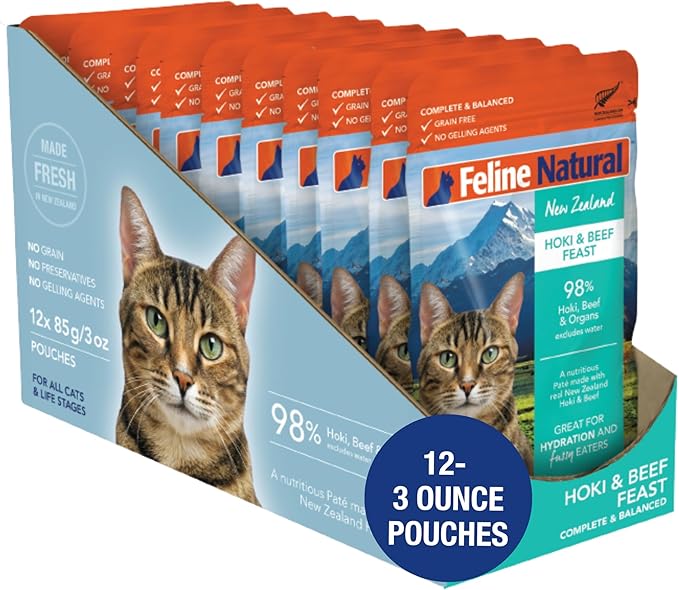 Feline Natural Wet Cat Food Pouch - Hoki & Beef Feast, Grain-Free, Grass-Fed & Sustainably Sourced Wet Food for Cats - Made in New Zealand, 3oz Pate, 12 Count Pack-PawvioPets