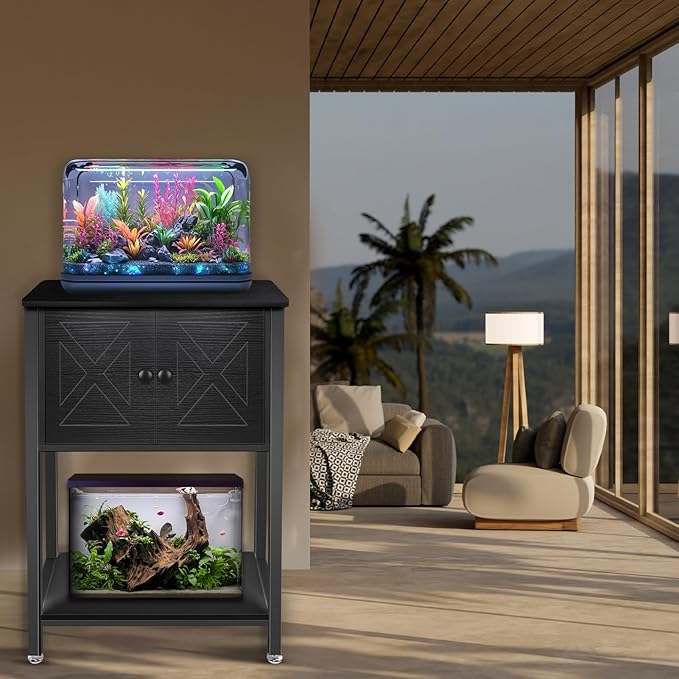 5-10 Gallon Fish Tank Stand, Heavy Duty Aquarium Stand with Cabinet & Power Outlets for Fish Tank Accessories Storage, Double Tank Stand 20.5" L* 11" W Tabletop, 220LBS Capacity Black-PawvioPets