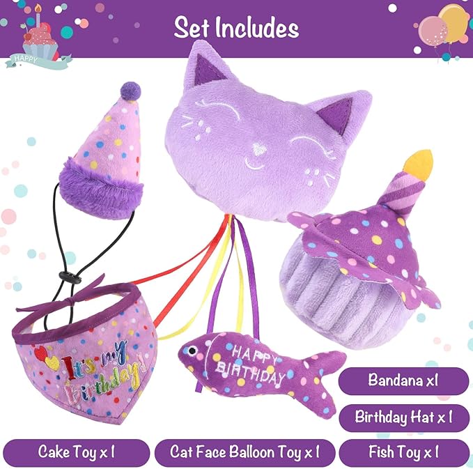 BINGPET Cat Birthday Catnip Toys for Indoor Cats,Cat Birthday Hat,Bandana and Cat Birthday Cake Interactive Plush Kitten Chew Toys,Cute Fish,Balloon Toys with Crinkle Paper and Catnip Inside(Purple)-PawvioPets