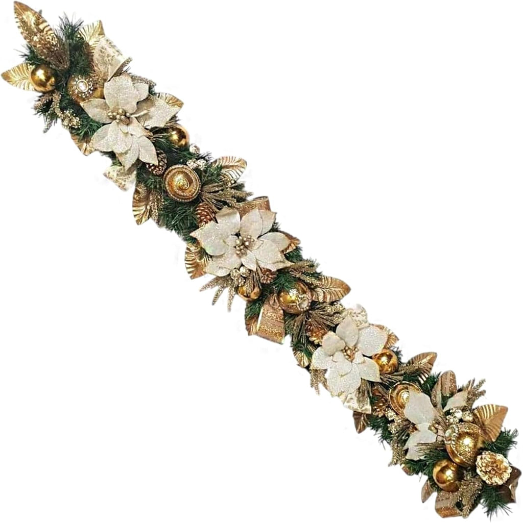 Holiday Tree White Gold Poinsettia Garland 5 Ft – Luxurious Christmas Garland with Metallic Accents, Festive Home Décor for Mantels, Doors & Tables