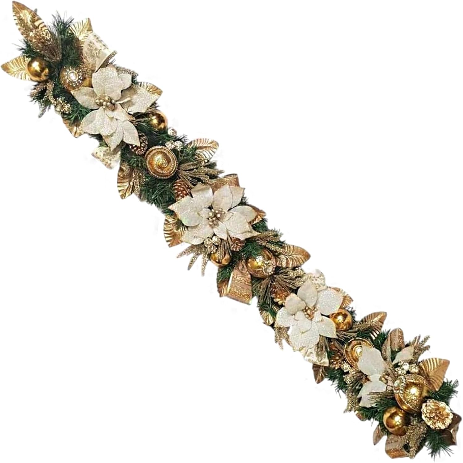 Holiday Tree White Gold Poinsettia Garland 5 Ft – Luxurious Christmas Garland with Metallic Accents, Festive Home Décor for Mantels, Doors & Tables