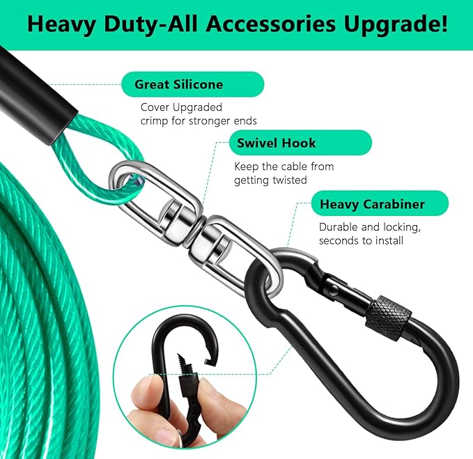 Dog Tie Out Cable 10FT-500Lbs,Heavy Duty Dog Leads&Tether for Yard with Swivel Hook,Small Large Dogs Leash Line for Outside,Rust Chew Proof Dogs Run Cable for Outdoor Camping (Green Cyan, 10FT)-PawvioPets