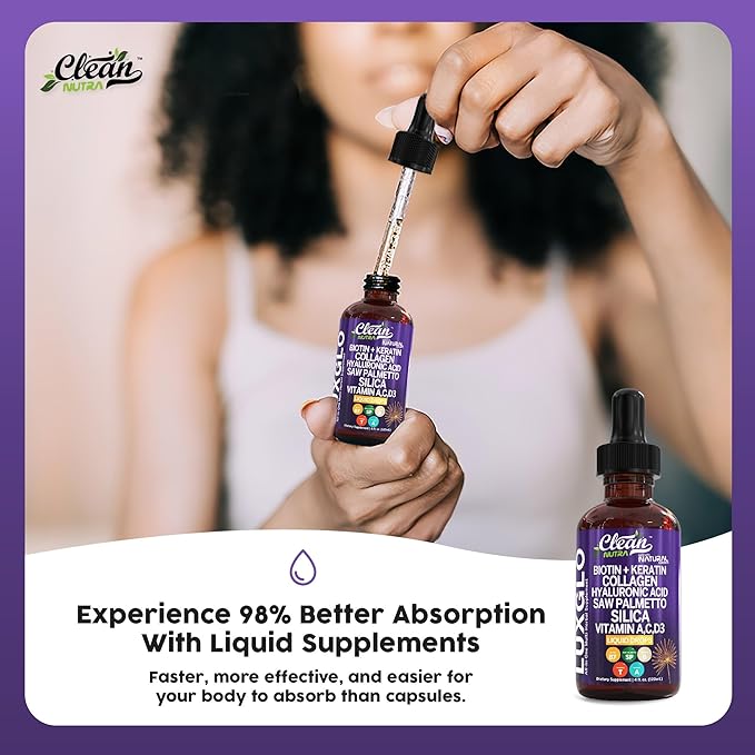Biotin Liquid Drops Collagen Keratin Hyaluronic Acid Saw Palmetto for Hair Skin and Nails Silica Vitamin A C Vitamin D Bamboo Turmeric Zinc Folate Magnesium Horsetail LuxGlo by Clean Nutra-PawvioPets